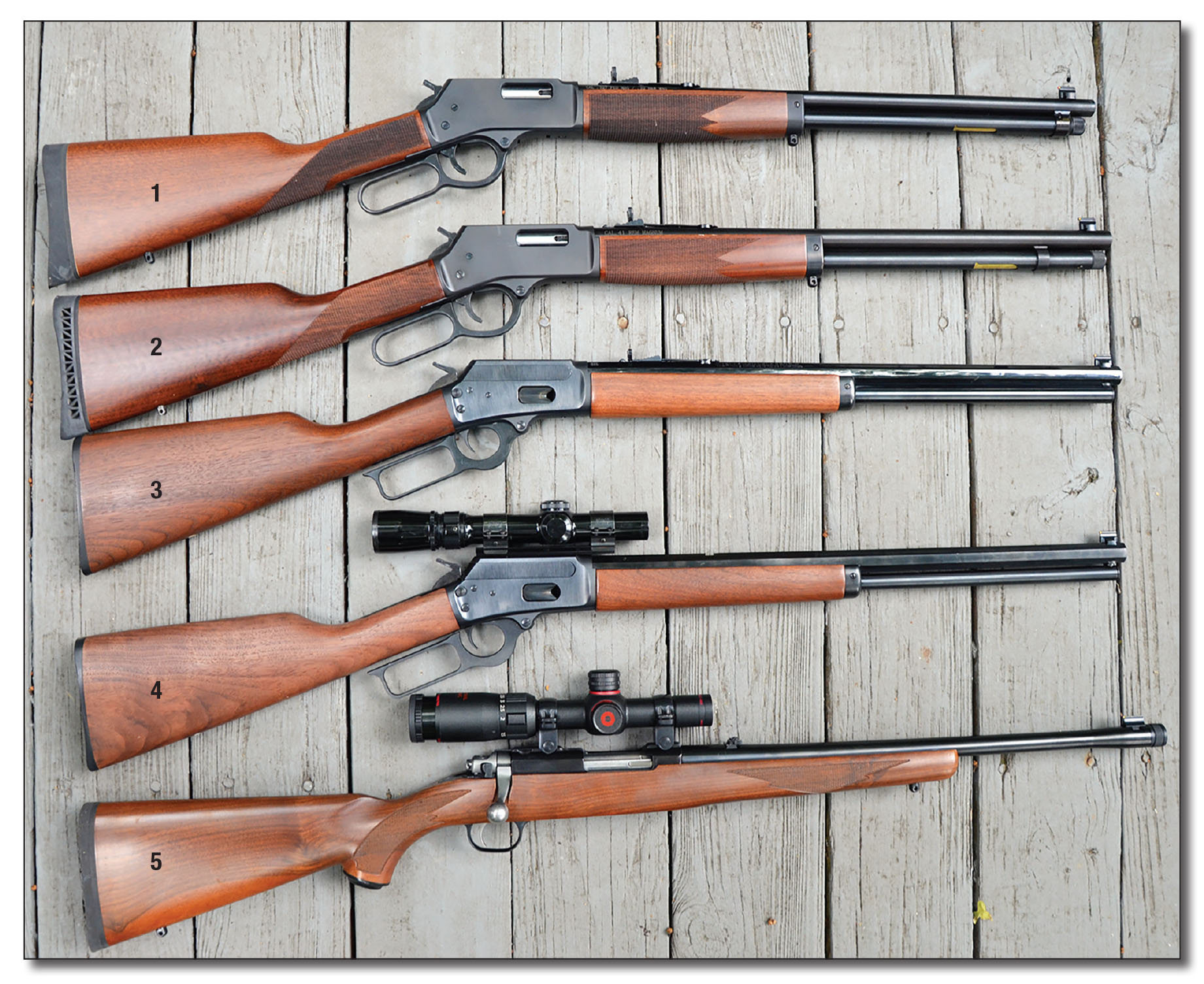 Test rifles included: (1) Henry Big Boy .327 Federal Magnum, (2) Henry Big Boy .41 Magnum, (3) Marlin 1894 .45 Colt, (4) Marlin 1894 .357 Magnum, (5) Ruger 77/44 .44 Magnum.